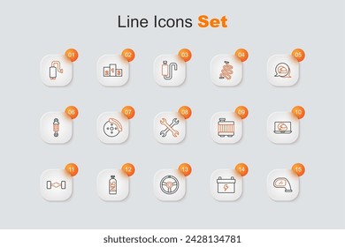 Set line Car mirror, battery, Racing steering wheel, Nitrous oxide, Chassis car, helmet, radiator cooling system and Wrench spanner icon. Vector