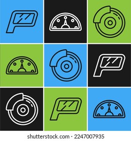 Set Line Car-Spiegel, Auto-Bremse-Scheibe mit Kaliber und Speedometer-Symbol. Vektorgrafik