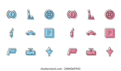 Set line Car mirror, Brake system warning, Funnel filter and motor oil drop, Parking, muffler and seat icon. Vector