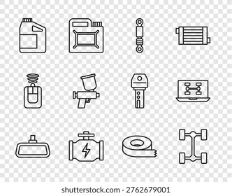Set line Car mirror, Chassis car, Shock absorber, Check engine, Canister for motor oil, Paint spray gun, Scotch tape and Diagnostics condition of icon. Vector