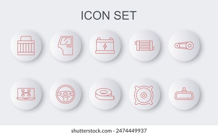 Set line Car mirror, Diagnostics condition of car, battery, audio speaker, air filter, door, Steering wheel and Scotch tape icon. Vector