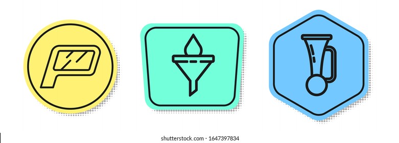 Coloque el espejo de Camión de línea, el embudo o el filtro y la gota de aceite del motor y la bocina de la señal en el vehículo. Formas coloreadas. Vector