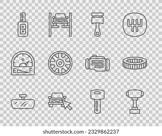 Ajuste el espejo retrovisor de la línea Car, el selector de velocidades, el pistón del motor, el compartimento de coches en línea, la llave con mando a distancia, la rueda de aleación para y el icono del filtro de aire. Vector