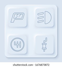 Set line Car mirror, High beam, Gear shifter and Car muffler. White square button. Vector