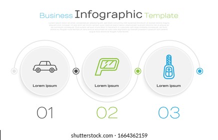 Set line Car, Car mirror and Car key with remote. Business infographic template. Vector