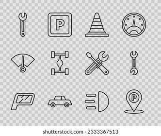 Set-Line-Auto-Spiegel, Lage mit Parkplatz, Traffic-Kegel, WFranzösisch, Fahrgestell Auto, High-Strahl und Icon. Vektorgrafik