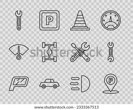 Set line Car mirror, Location with parking, Traffic cone, Wrench, Chassis car, High beam and  icon. Vector
