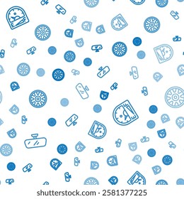 Set line Car mirror, Motor gas gauge and Alloy wheel for car on seamless pattern. Vector