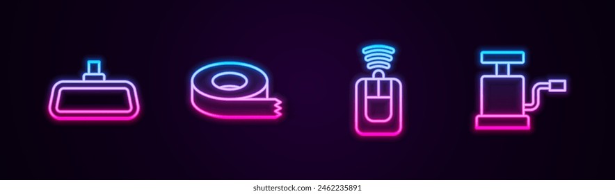 Set line Car mirror, Scotch tape, key with remote and air pump. Glowing neon icon. Vector