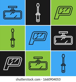 Set line Car mirror, Car mirror and Screwdriver icon. Vector