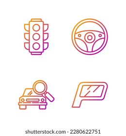 Ajuste el espejo de la línea del coche, la búsqueda de coches, la luz de tráfico y la rueda de dirección. Iconos de color de degradado. Vector