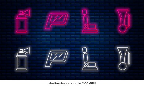 Set line Car mirror, Car seat, Paint spray can and Signal horn on vehicle. Glowing neon icon on brick wall. Vector