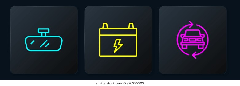 Set line Car mirror, service and battery. Black square button. Vector