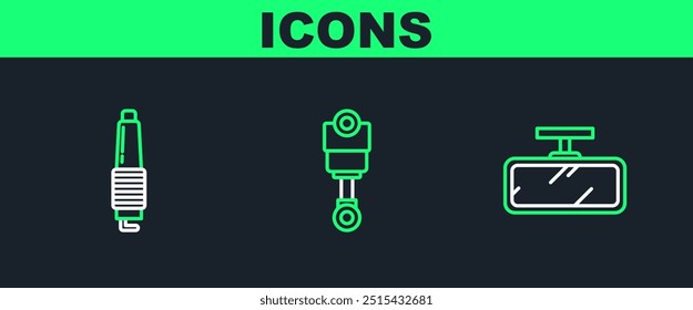 Set line Car mirror, spark plug and Engine piston icon. Vector