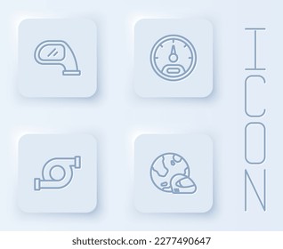 Espejo de línea de coche, velocímetro, turbocompresor automotor y casco de carreras. Botón cuadrado blanco. Vector