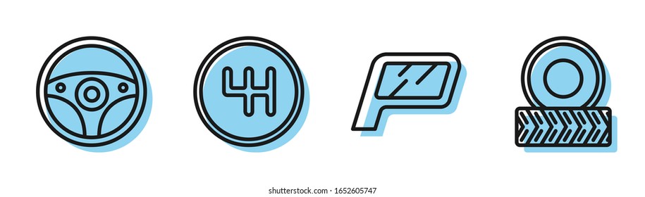 Set line Car mirror, Steering wheel, Gear shifter and Car wheel icon. Vector