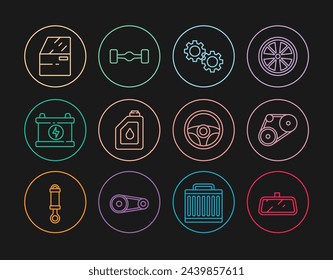 Set line Car mirror, Timing belt kit, Gear, Canister for motor oil, battery, door, Steering wheel and Chassis car icon. Vector