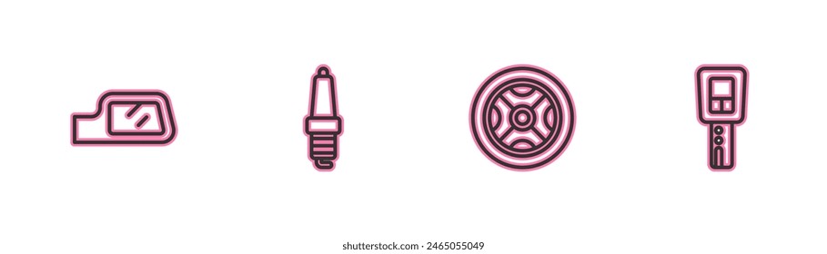Set line Car mirror, wheel, spark plug and key with remote icon. Vector