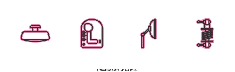 Set line Car mirror, Windscreen wiper, Gear shifter and Shock absorber icon. Vector