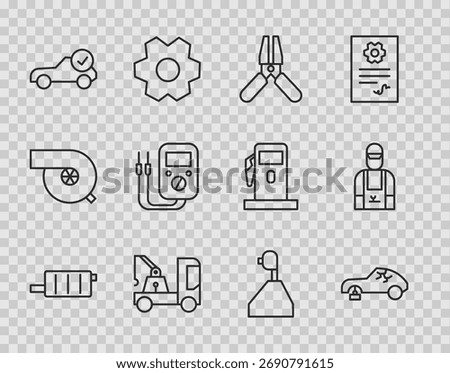 Set line Car muffler, Broken car, battery jumper power cable, Tow truck, Auto service check automotive, Multimeter, Gear shifter and mechanic icon. Vector