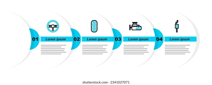 Set line Car muffler, engine, tire and Steering wheel icon. Vector