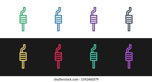 Set line Car muffler icon isolated on black and white background. Exhaust pipe.  Vector Illustration
