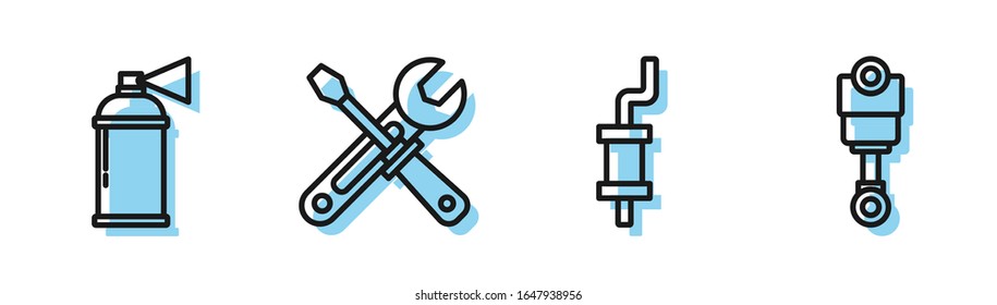 Set line Car muffler, Paint spray can, Screwdriver and wrench tools and Engine piston icon. Vector