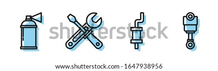 Set line Car muffler, Paint spray can, Screwdriver and wrench tools and Engine piston icon. Vector