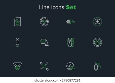 Set line Car muffler, Racing helmet, Wheel wrench, Medal, Stopwatch, tire wheel, mirror and Wrench spanner icon. Vector