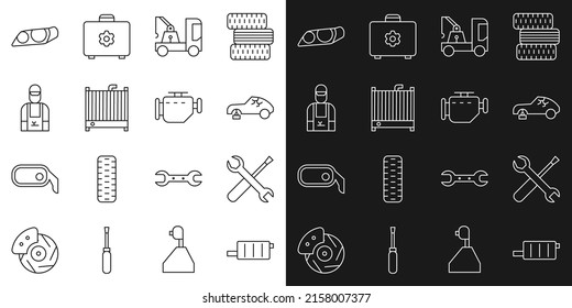 Set line Car muffler, Screwdriver and wrench spanner, Broken car, Tow truck, radiator cooling system, mechanic, headlight and Check engine icon. Vector