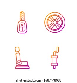 Set line Car muffler, Car seat, Car key with remote and Car wheel. Gradient color icons. Vector