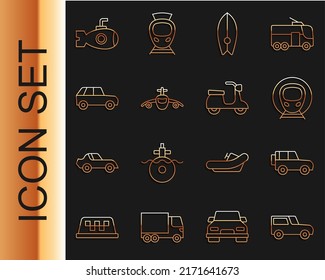 Set line Car, Off road car, Train and railway, Surfboard, Plane, Submarine and Scooter icon. Vector