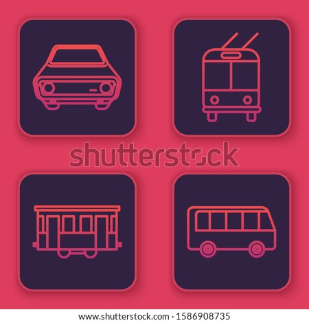 Set line Car, Old city tram, Trolleybus and Bus. Blue square button. Vector