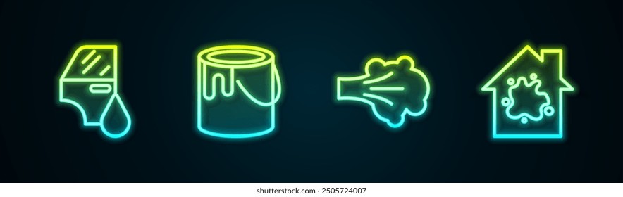 Set line Car painting, Paint bucket, spray and Painting the house. Glowing neon icon. Vector