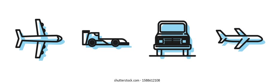 Set line Car, Plane, Formula race car and Plane icon. Vector