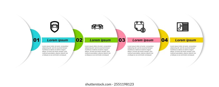 Definir linha Proteção de carro ou seguro, carros, calendário e relógio e livro de música com nota. Modelo de infográfico comercial. Vetor