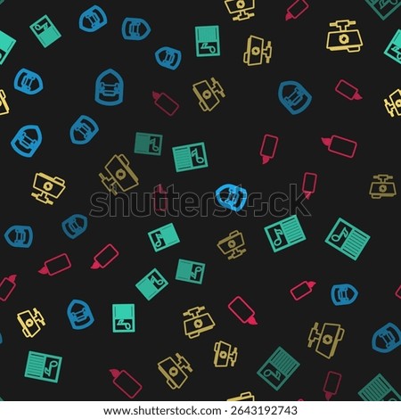 Set line Car protection or insurance, Music book with note, FTP sync refresh and Burning candle on seamless pattern. Vector
