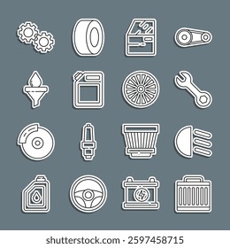 Set line Car radiator cooling system, High beam, Wrench spanner, door, Canister for gasoline, Funnel and oil drop, Gear and Alloy wheel icon. Vector
