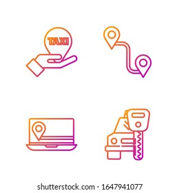 Set line Car rental, Laptop with location marker, Hand on map pointer with taxi and Route location. Gradient color icons. Vector