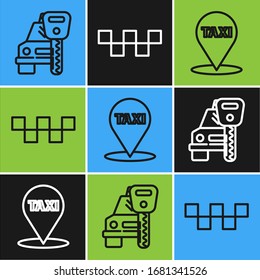 Set line Car rental, Map pointer with taxi and Taxi car roof icon. Vector