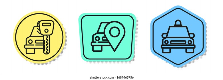 Establecer línea de alquiler de Camiones, Mapa puntero con taxi y camión Taxi. Formas coloreadas. Vector