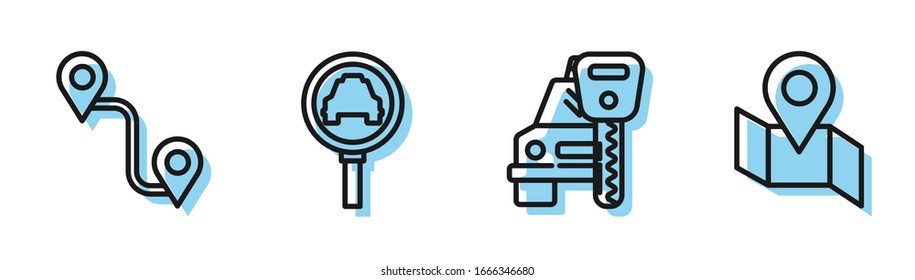 Set line Car rental, Route location, Magnifying glass and taxi car and Folded map with location marker icon. Vector