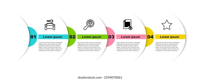 Set line Car rental, Search location, Unknown document and Star. Business infographic template. Vector