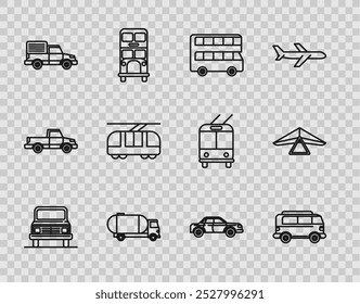 Coche de línea fija, minivan retro, autobús de dos pisos, camión cisterna, vehículo de carga de entrega, tranvía y ferrocarril, Sedán y colgar icono de planeador. Vector