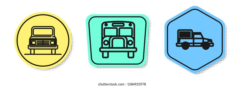Set line Car, School Bus and Delivery cargo truck vehicle. Colored shapes. Vector
