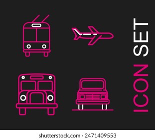 Set line Car, School Bus, Plane and Trolleybus icon. Vector