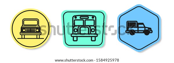 Set line Car, School Bus and Delivery\
cargo truck vehicle. Colored shapes.\
Vector