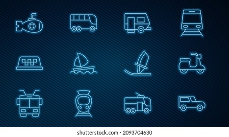 Set line Car, Scooter, Rv Camping trailer, Yacht sailboat, Taxi car roof, Submarine, Windsurfing and Bus icon. Vector
