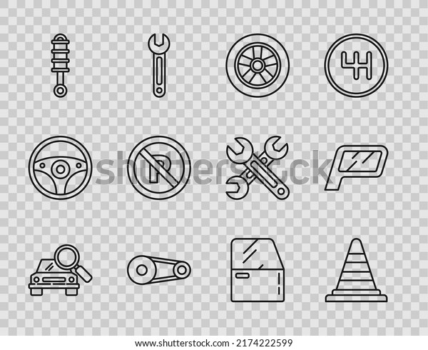 Set line Car search, Traffic cone, wheel, Timing\
belt kit, Shock absorber, No Parking stopping, door and mirror\
icon. Vector