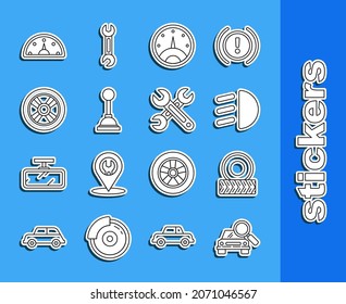 Set line Car search, wheel, High beam, Speedometer, Gear shifter,  and Wrench icon. Vector